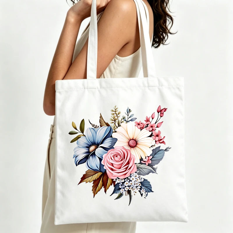 sac main toile imprimé floral blanc fleurs bleues roses poignées tissu moderne