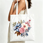 sac main toile imprimé floral blanc fleurs bleues roses poignées tissu moderne