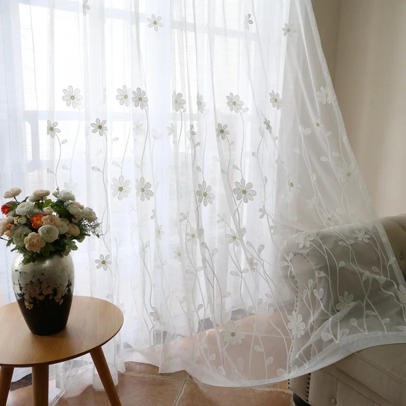 rideau transparent brodé fleurs blanc romantique maison polyester plissé