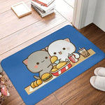 tapis sol moderne motif chat mignon mangeant nouilles rose gris blanc intérieur extérieur