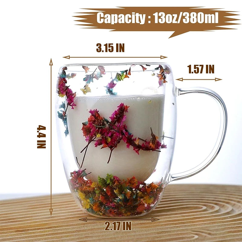 tasse verre double paroi fleurs séchées transparente poignée 380ml résistante chaleur déco floral