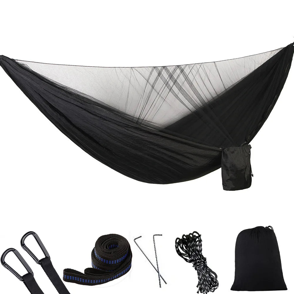hamac deux personnes vert olive parachute léger filet antimosquitos carabines inox piquets aluminium sac