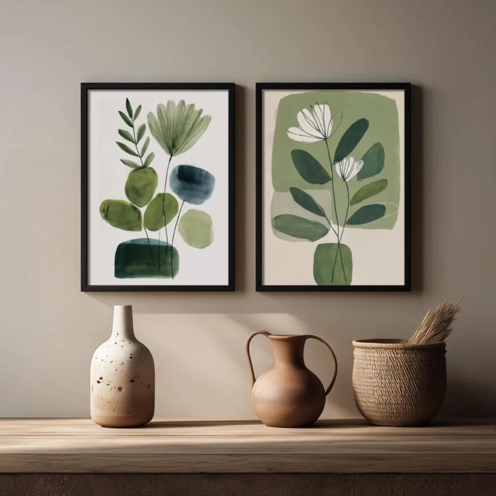 affiches abstraites modernes feuilles stylisées vertes blanches bleues sans cadre toile imprimée minimaliste set
