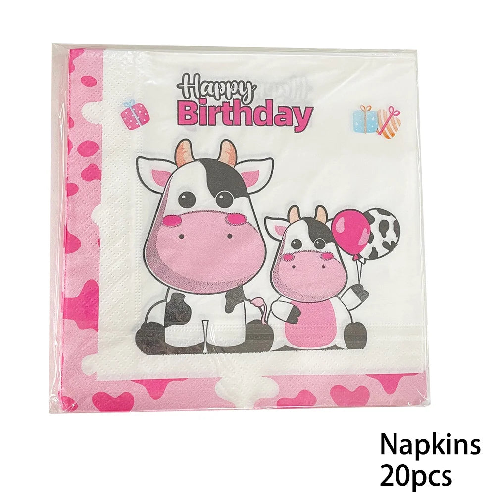 assiettes jetables vache rose anniversaire coeurs happy birthday serviettes fourchettes gobelets guirlande thème vache