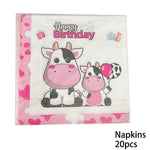 assiettes jetables vache rose anniversaire coeurs happy birthday serviettes fourchettes gobelets guirlande thème vache