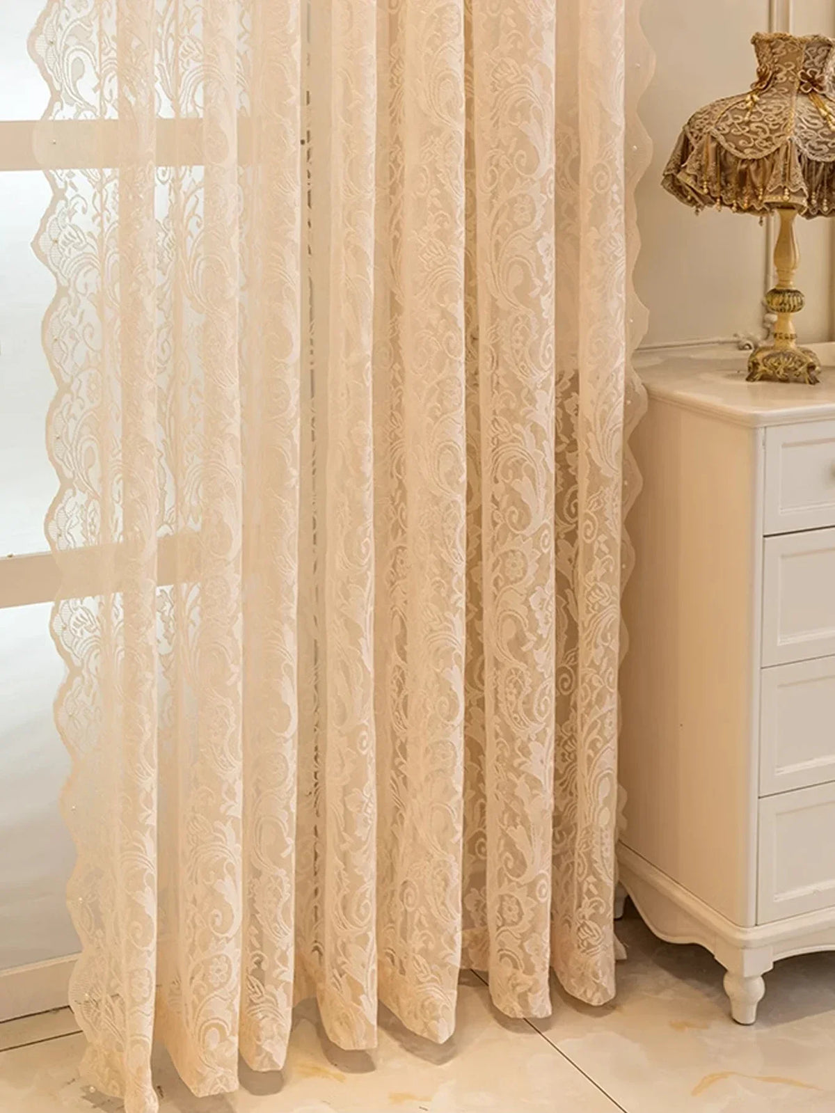 rideau beige clair dentelle motifs floraux translucide classique français fenêtre clips polyester moderne