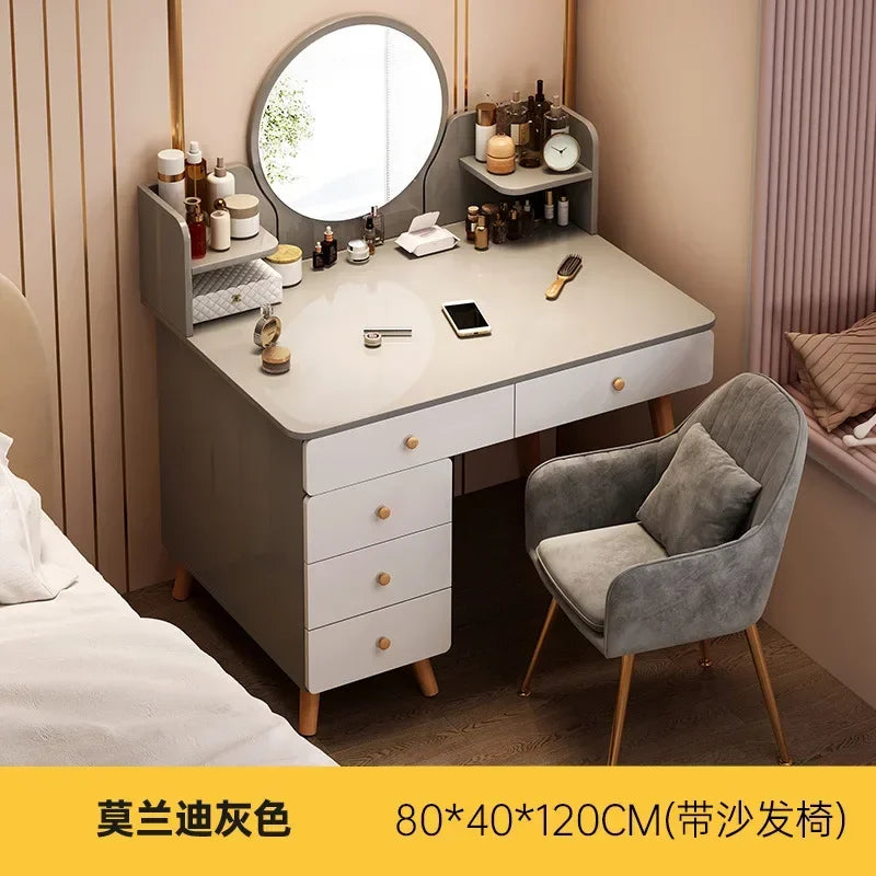 maquillage moderne tiroirs miroir plateau gris tiroirs blancs pieds bois naturel