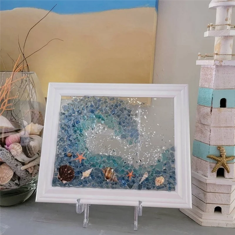 tableau decoratif diy mosaïque coquillages étoiles mer art marin bleu blanc doré