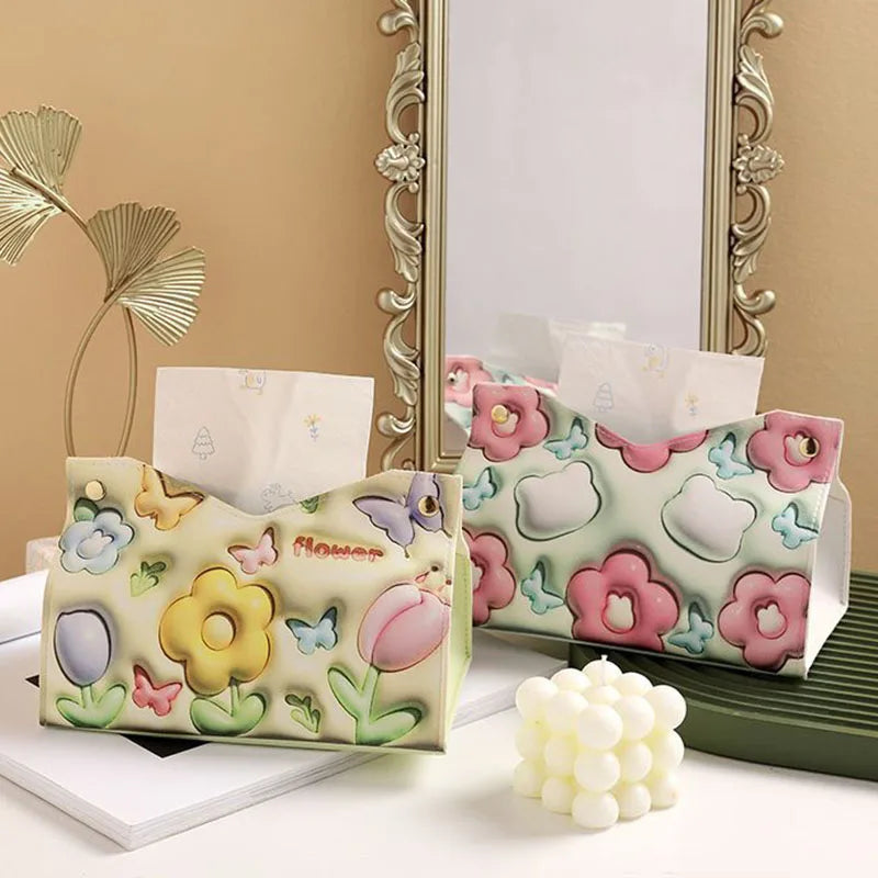 boîte mouchoirs cuir fleurs reliefs papillons couleurs vives chambre salon
