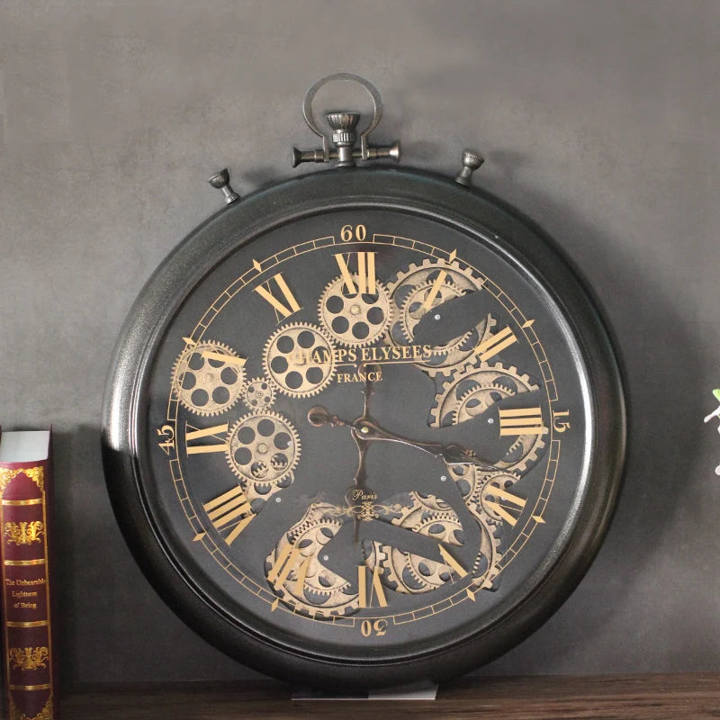 horloge murale vintage horloge noir doré mécanisme visible rétro opacité fixations engrenages montre mur