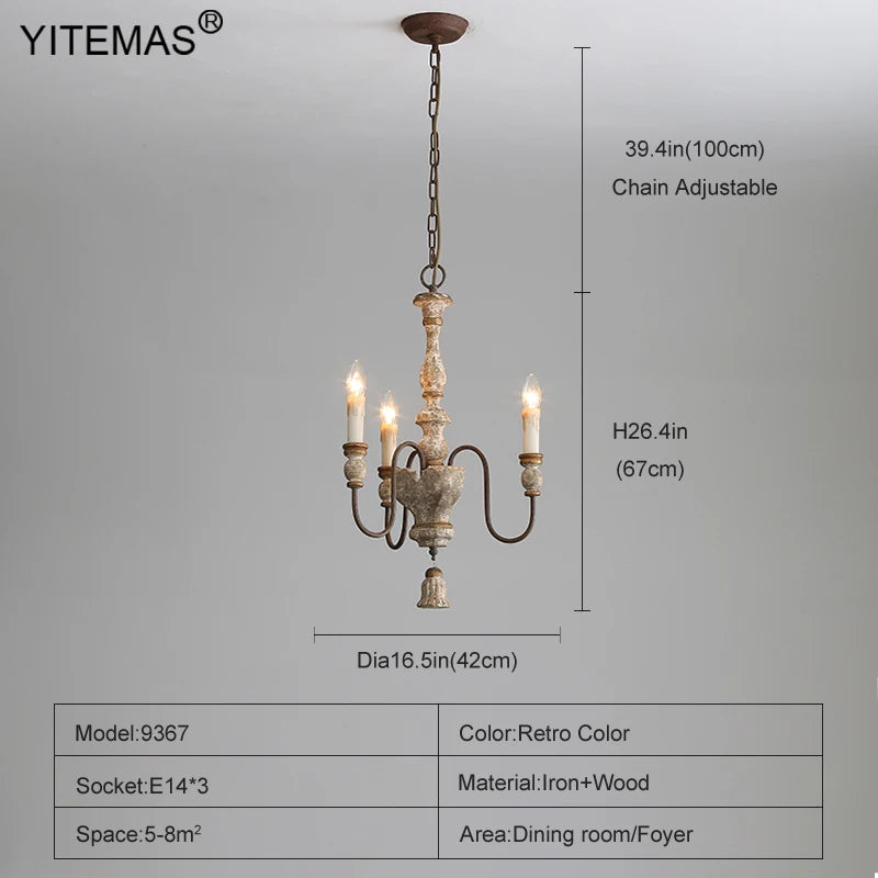 lustre vintage rustique bois naturel métal noir trois lumières suspension entrée couloir