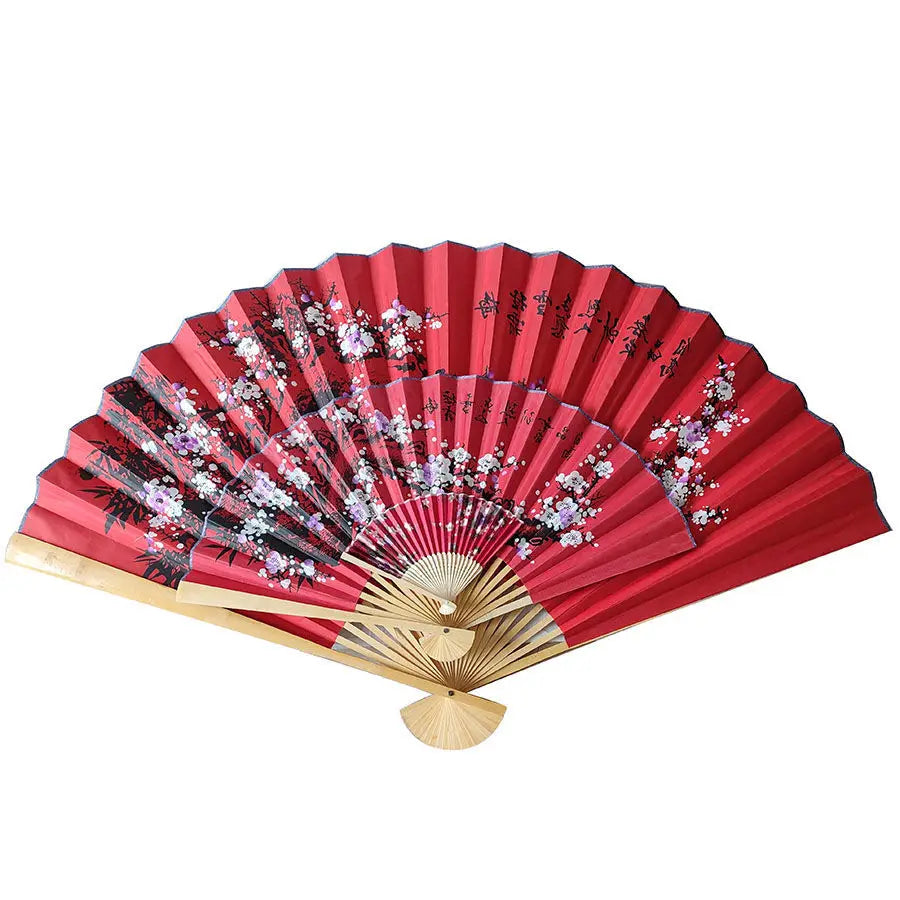ventilateur pliant traditionnel asiatique motif floral rouge beige violet noir
