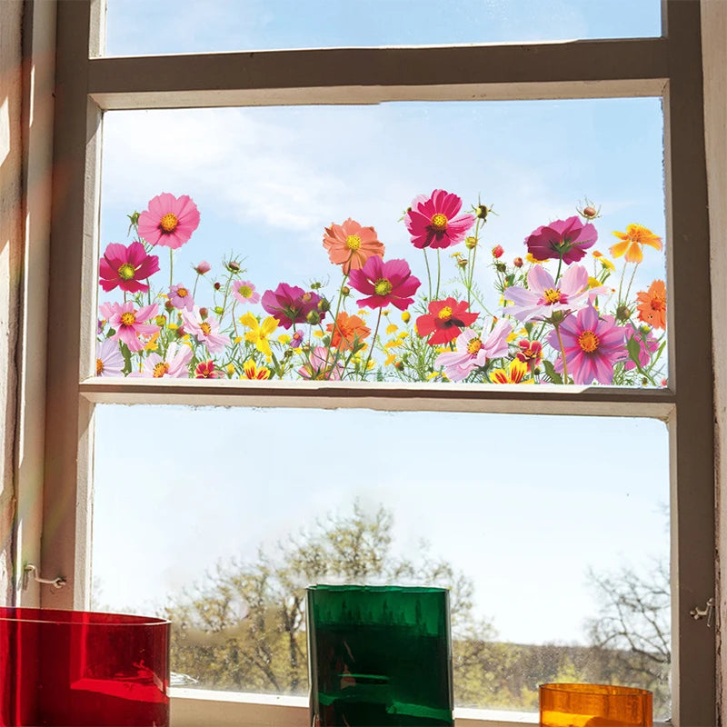 décoration fenêtre stickers fleurs colorées herbe nuages bois adhésif champêtre floral vases plantes