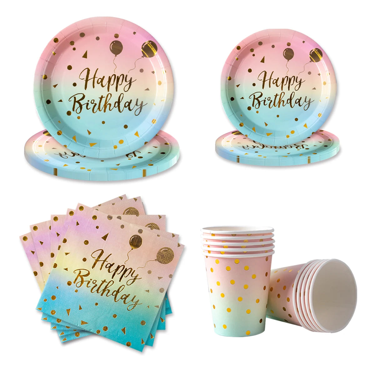 assiettes jetables rose bleu doré happy birthday confettis dorés serviettes verres festifs anniversaire mariage