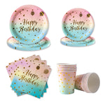 assiettes jetables rose bleu doré happy birthday confettis dorés serviettes verres festifs anniversaire mariage