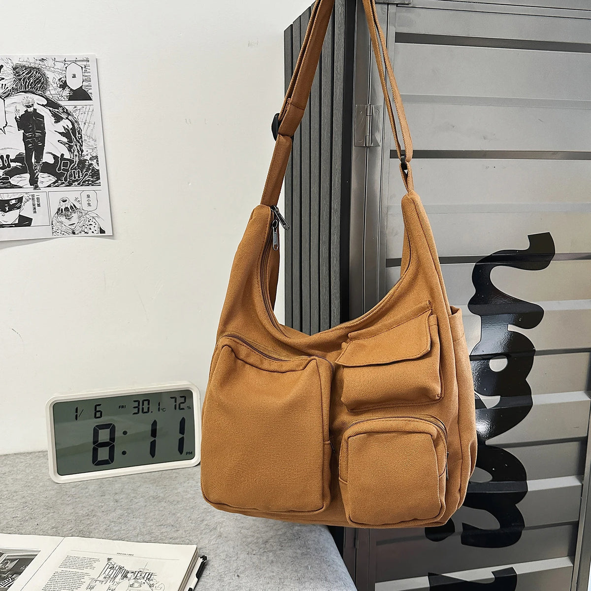 sac bandoulière toile unisexe marron clair poche intérieure zippée casual pratique poche avant multi