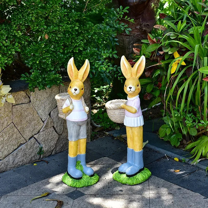 pot fleur lapin statuette panier fleuri décoration jardin enfantin orangé vert bleu