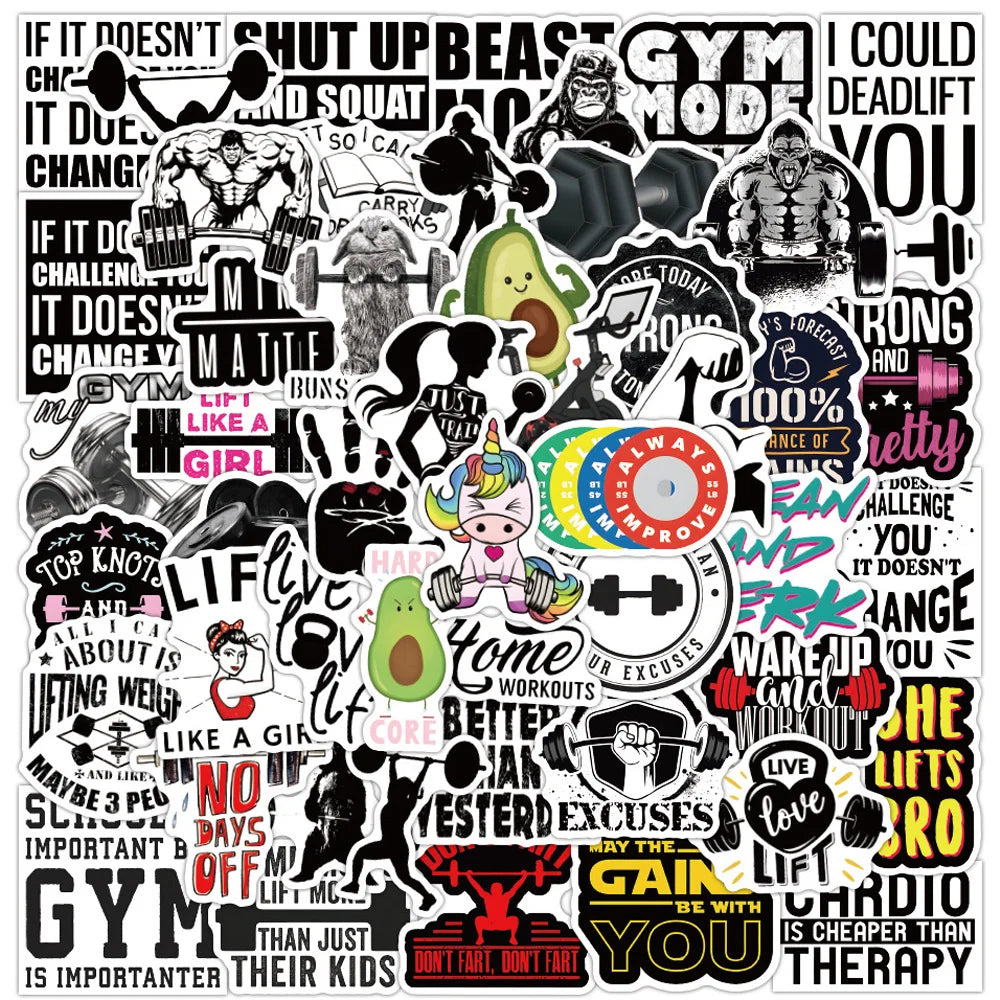 stickers motivation sportifs humoristiques colorés adhésifs modernes textuels graphiques gym téléphone bouteille d'eau
