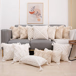 coussin carré géométrique blanc boho chic franges opaques décoration maison voiture