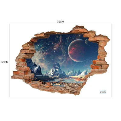 sticker mural 3d scène naturelle illusion optique adhésif multicolore coucher soleil océan planètes enfants