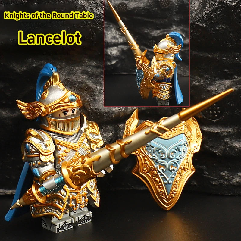 figurine chevalier armure ornée motifs floraux épée bouclier violet doré bleu fantaisie médiévale