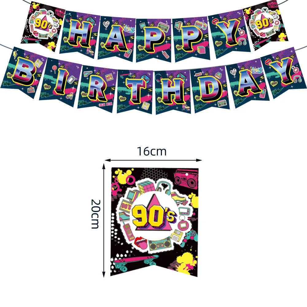 nappe jetable 90s anniversaire graphique cassette audio noir rose jaune bleu festive retrogaming tableDecoration