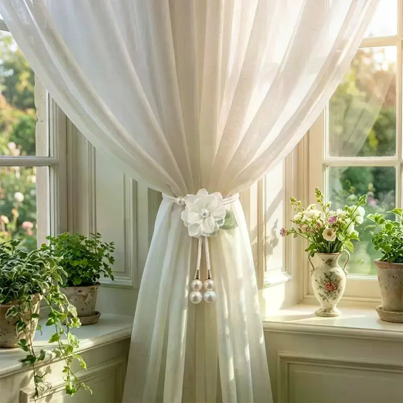 rideau moderne élégant ruban transparent finement tissé fleur décorative blanc