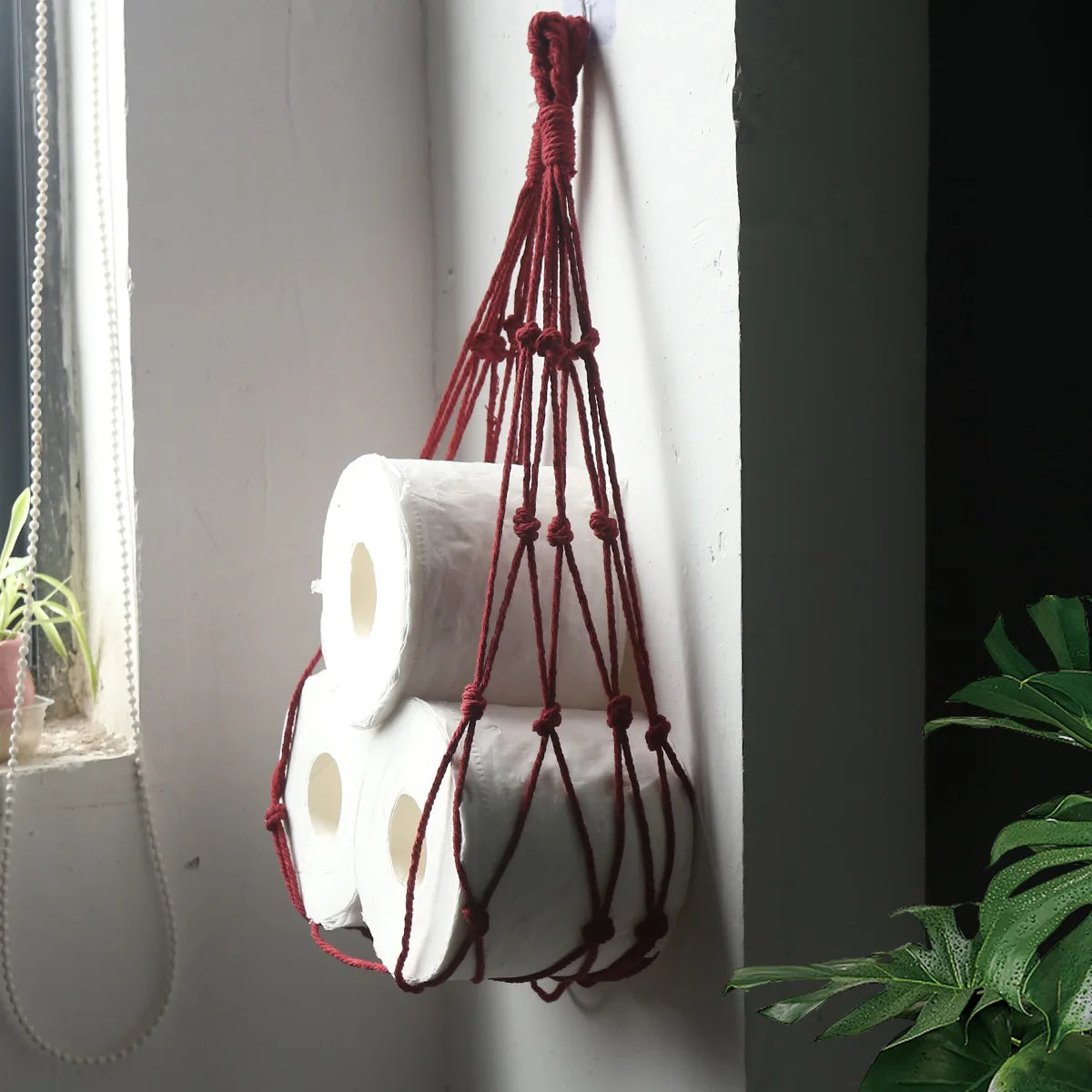porte rouleaux papier toilette suspendu cordelettes decoratives filet tresse boheme rustique artisanal
