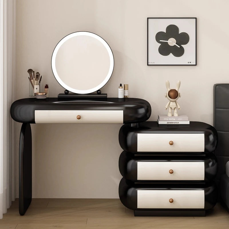 maquillage moderne commode tiroirs tabouret miroir noir blanc texture cuir