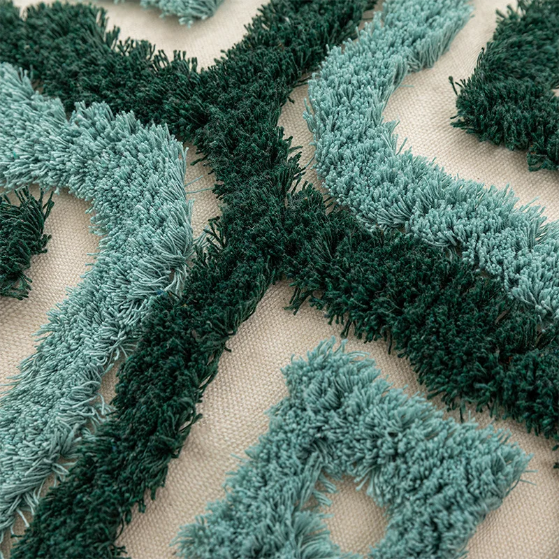 coussin housse amovible lavable motif géométrique brodé moderne opacité zip visible coton polyester verte