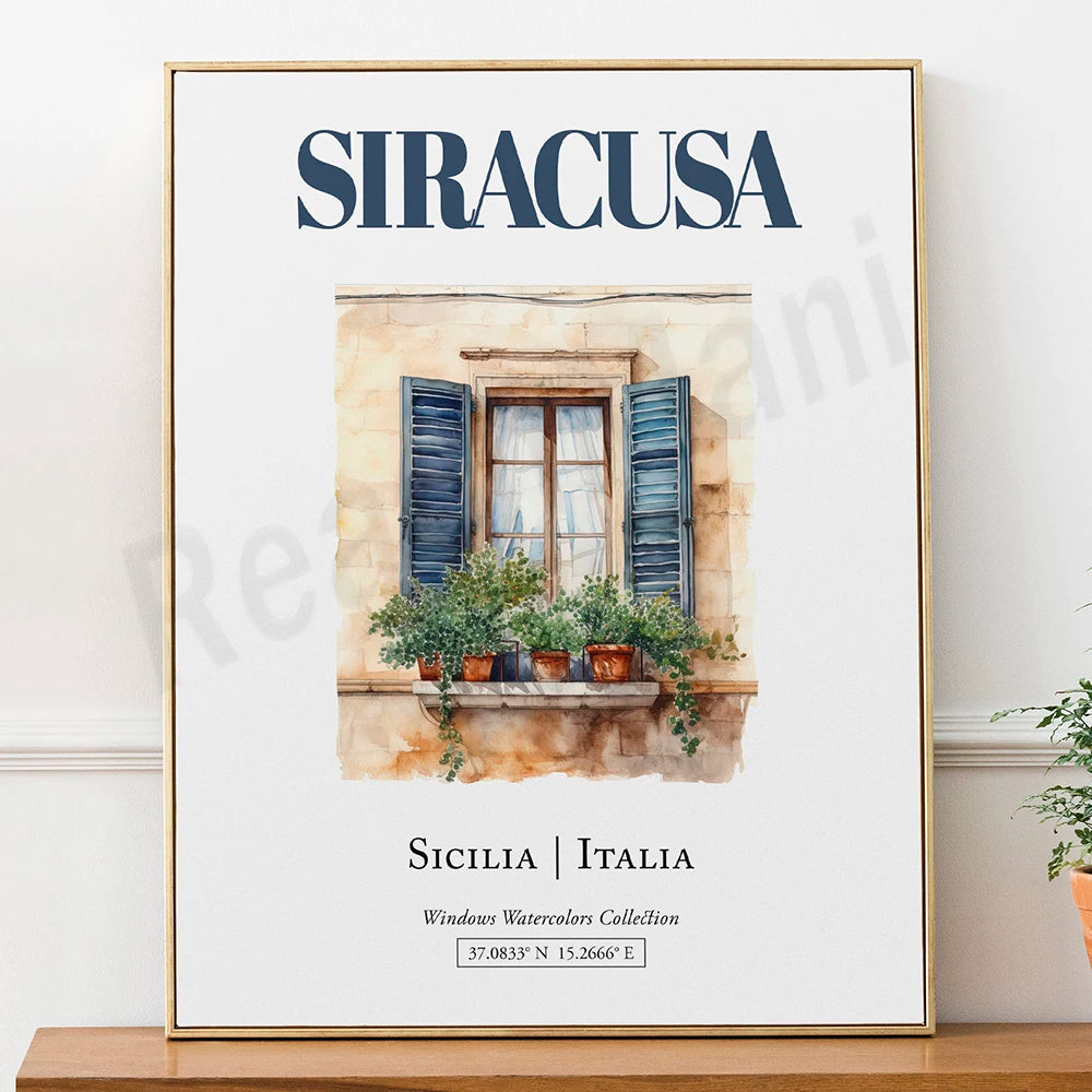 Une fenêtre traditionnelle sicilienne sur un mur en pierre, avec des volets bleus et des pots de fleurs sur le rebord, dans un style aquarelle caractéristique de Siracusa, en Italie.