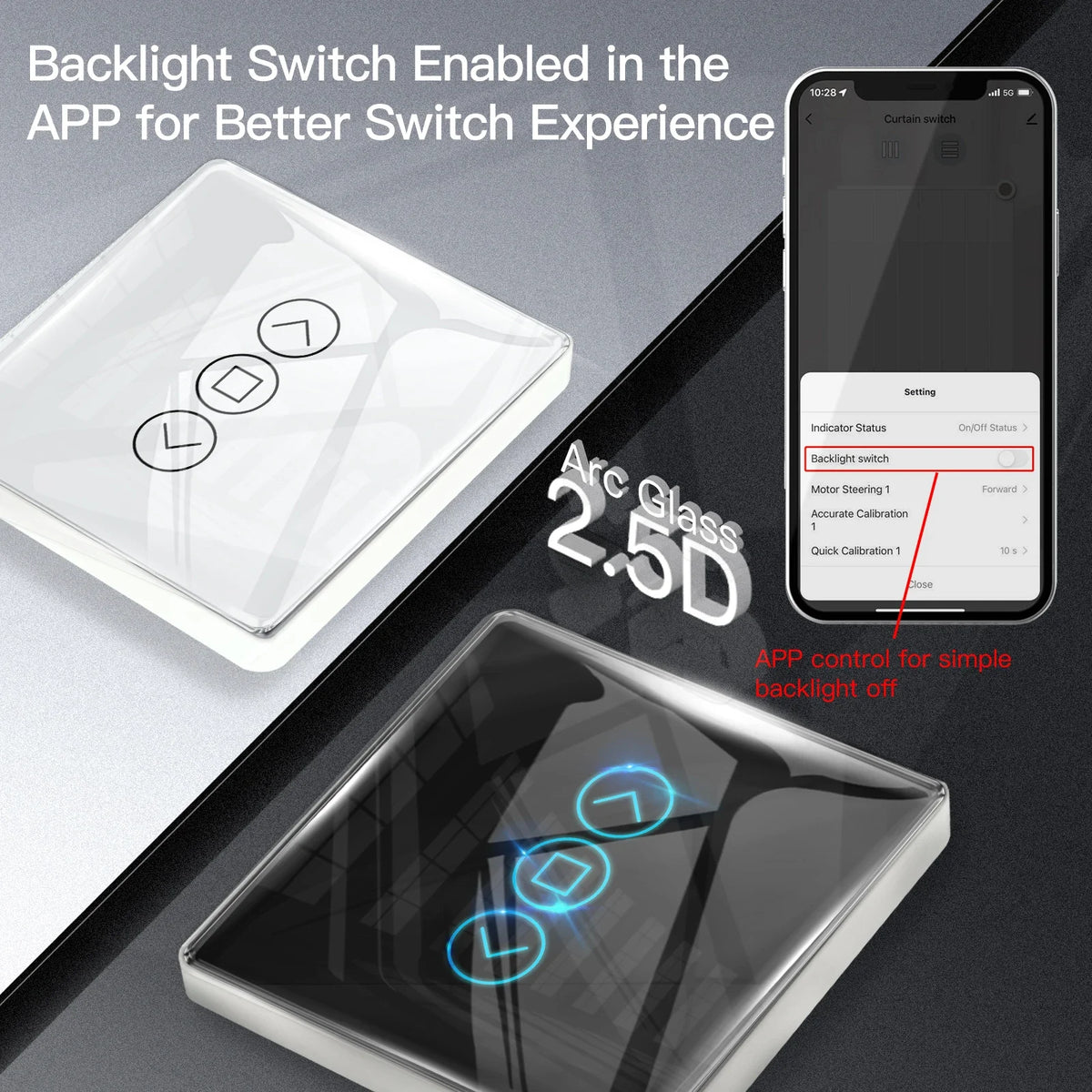 commutateur intelligent rideau controle tactile noir blanc application smartphone flèches haut bas arrêt moderne