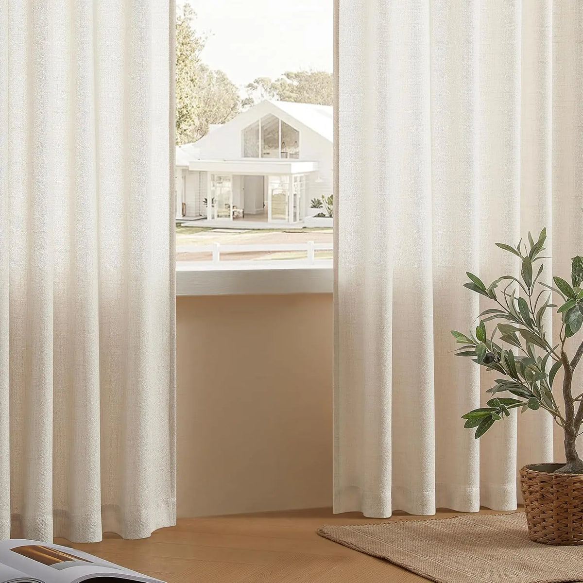 rideaux lin blanc cassé voile semi transparent boho tringle intégrée décoration intérieure neutre lumineuse