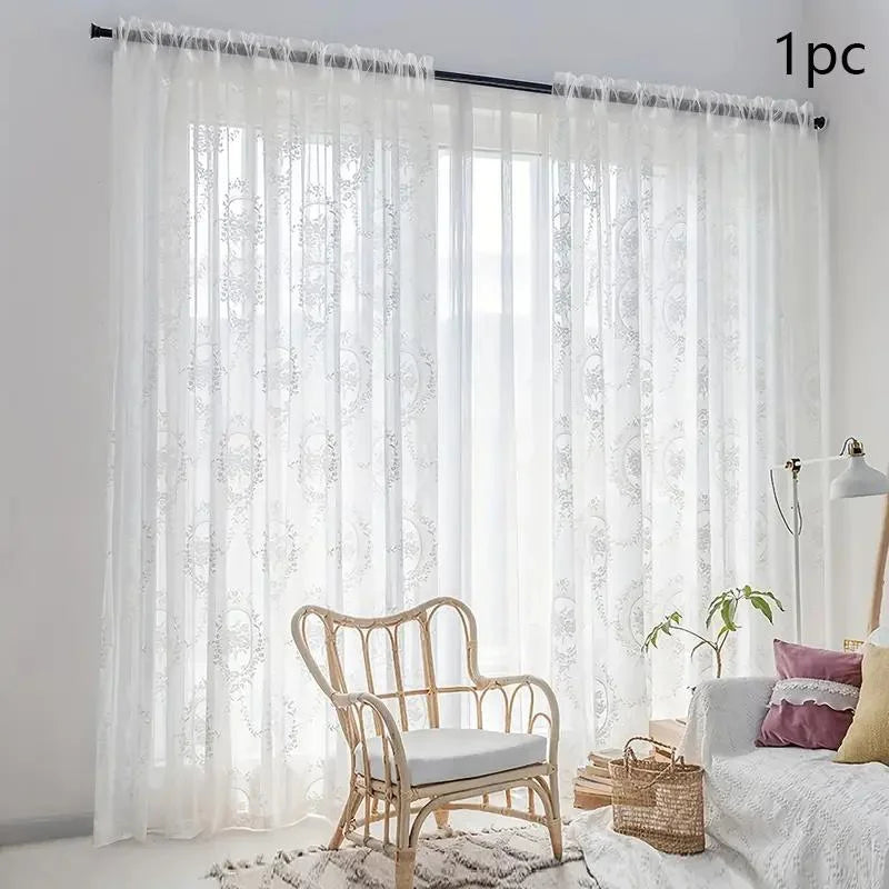 rideau voilage floral blanc gris vert pastorale polyester translucide tringle chambre salon