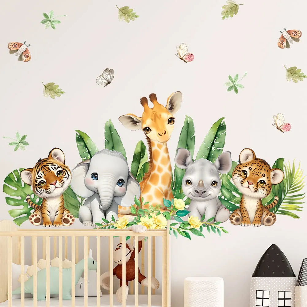 sticker mural animal jungle tigre éléphant girafe feuilles fleurs papillons decoration enfant bedroom salon