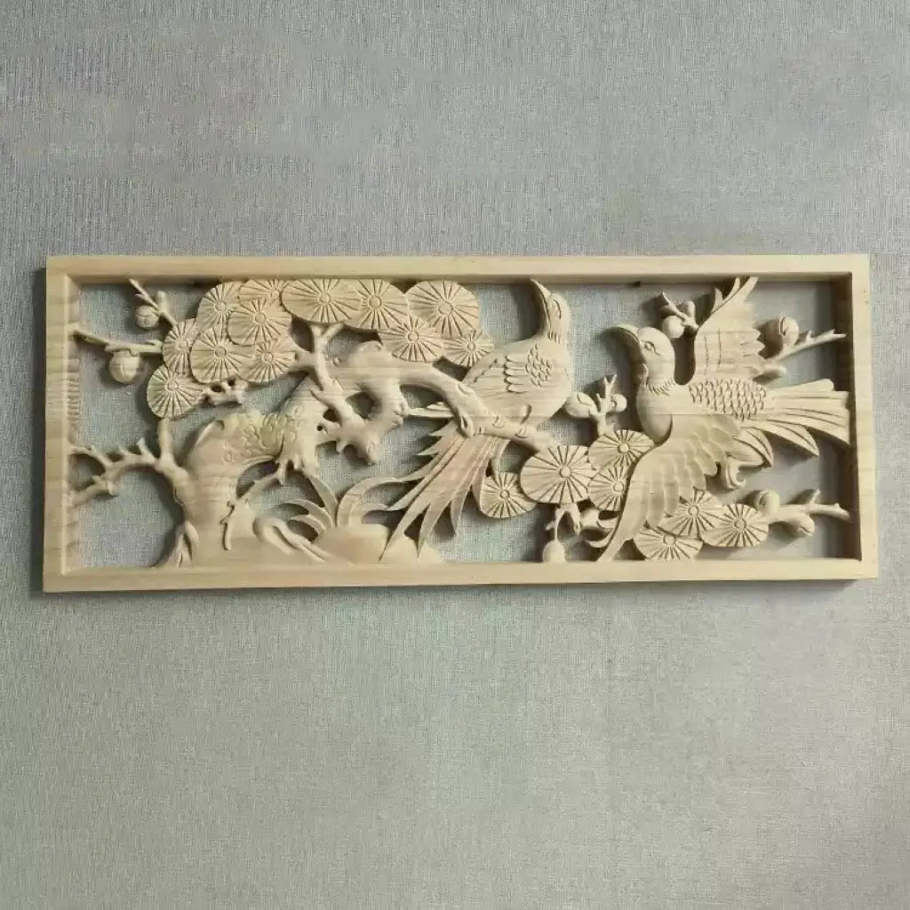 panneau decoratif bois sculpte oiseaux fleurs traditionnel chinois decoration murale rouge naturel