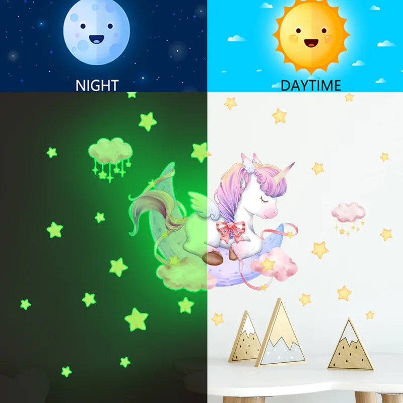 sticker mural lumineux étoiles licorne nuages arc ciel chambre enfant dessin animé vibrant nocturne