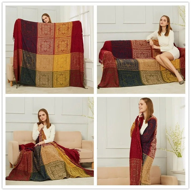 Un plaid multicolore aux motifs ethniques et traditionnels, décorant un salon confortable avec une jeune femme élégante assise dessus.