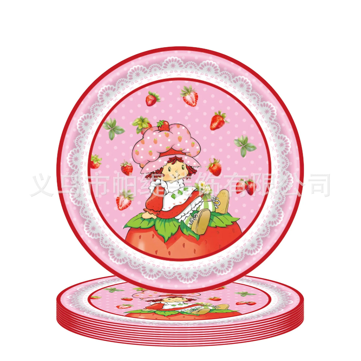 assiettes jetables serviettes gobelets guirlande fraises dessin animé enfantin rose blanche festive anniversaire filles