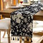 chemin table bleu marine blanc motif fleurs tissé franges classique rustique maison