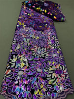 tissu décoratif brodé pailleté floral violet noir jaune rouge bleu vert sequins dentelle haute