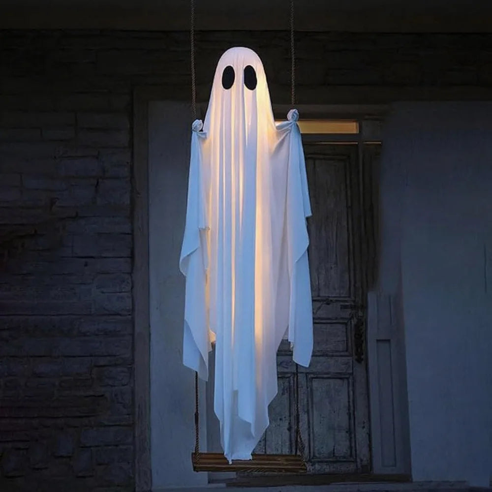 fantôme suspendu blanc halloween texture ondulée fixations classiqueHaunted Swing Adjustable White Classic Halloween Decoration