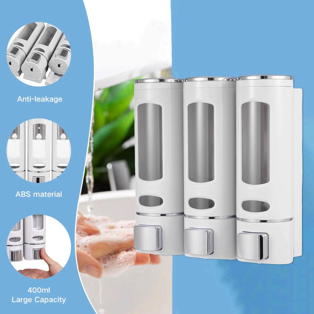 distributeur savon liquide moderne blanc gris bleu vert transparent vis fixations salle bain