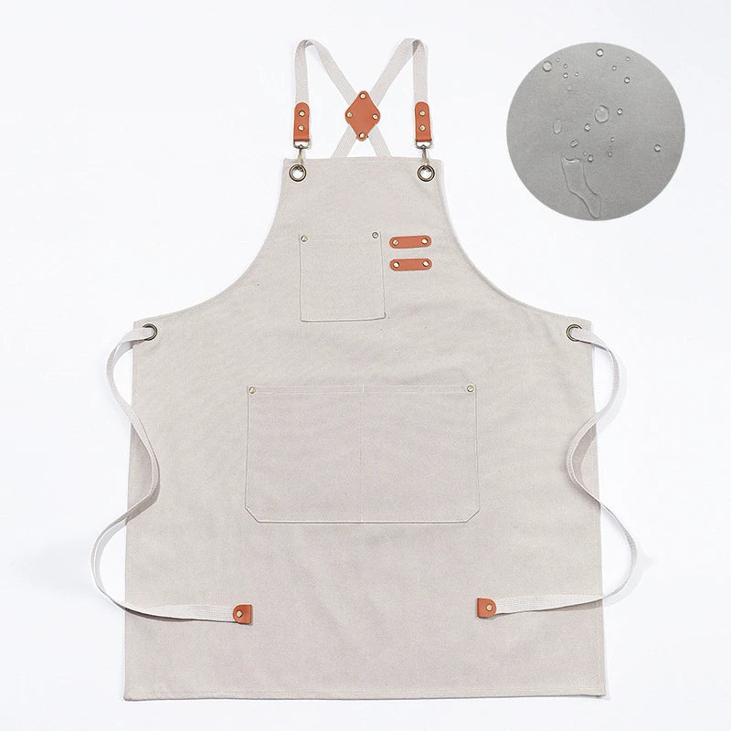 tablier marron toile coton vintage poches avant ajustement boucles métalliques utilitaire cuisine