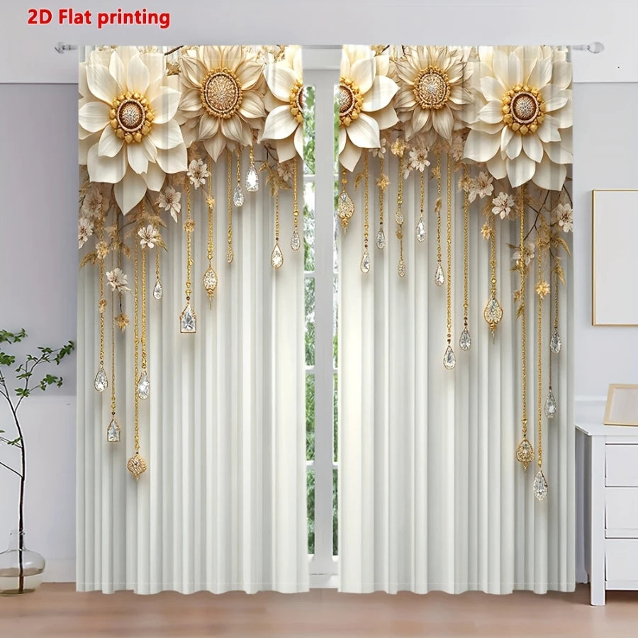 rideau blanc doré fleurs imprimées suspendues classique élégant opaque anneaux métalliques maison