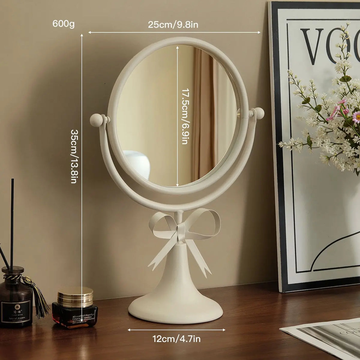 miroir table rotatif or noir rose poudré élégant vintage rubans crèmes aromathérapie