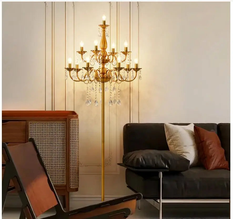lampe poser dorée cristaux transparents classique chambre coucher led 15 sources lumineuses 30m zone