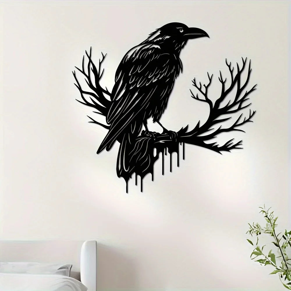 décoration murale corbeau branche stylisée gothique oiseau plumes métal noir artisanal intérieur élégance mystère