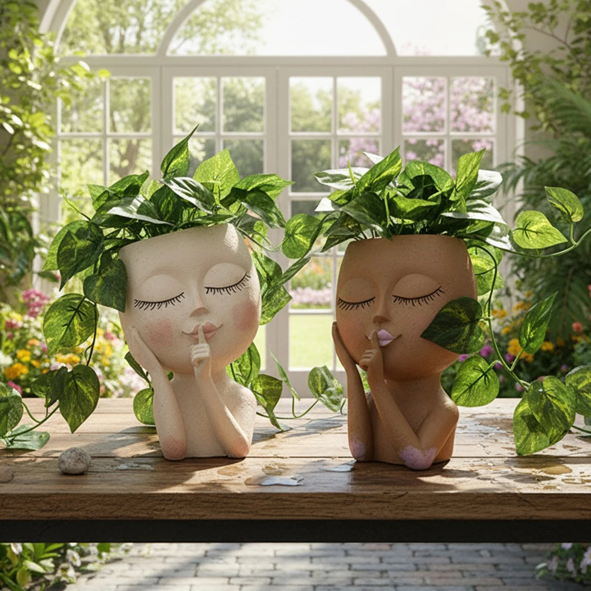 pots fleurs résine moderne unisexe adultes beige rose violet texturé détails visage plante grimpante