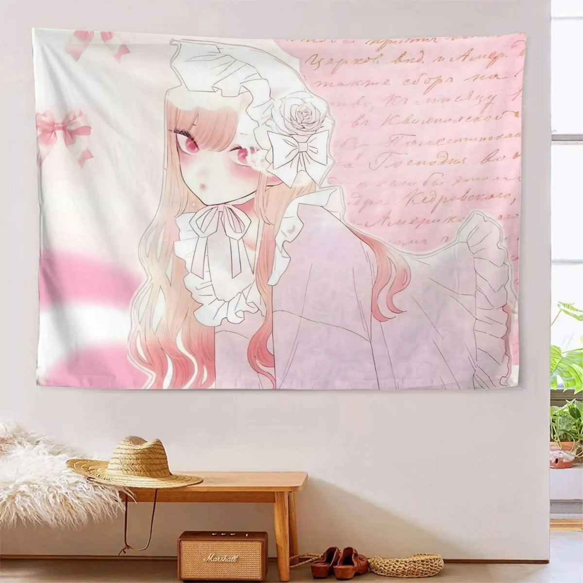 tapisserie anime illustration fille roses rubans lettres cursives rose blanc salon chambre